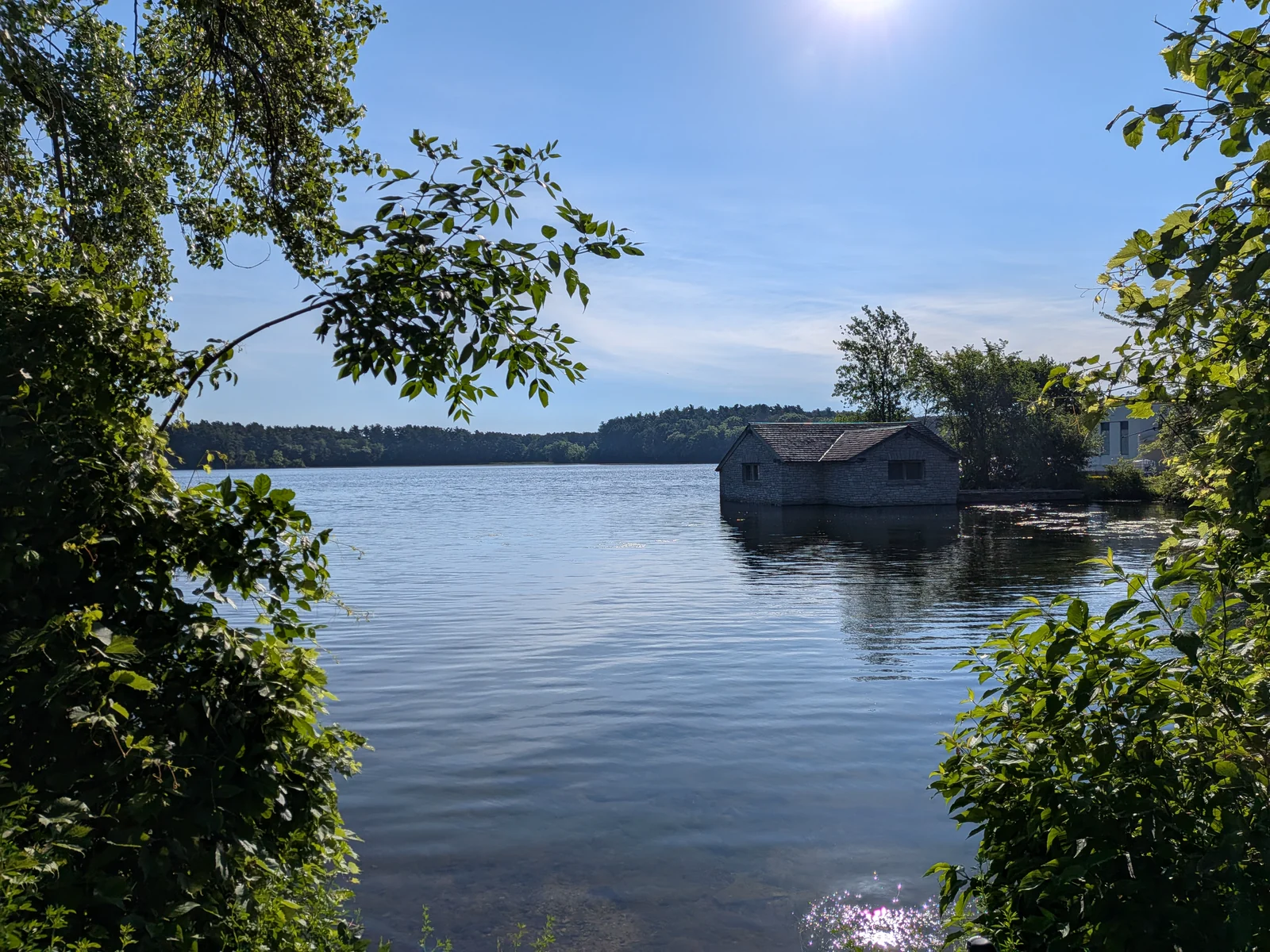 A small boathouse framed by trees on a quiet Twin Cities lake